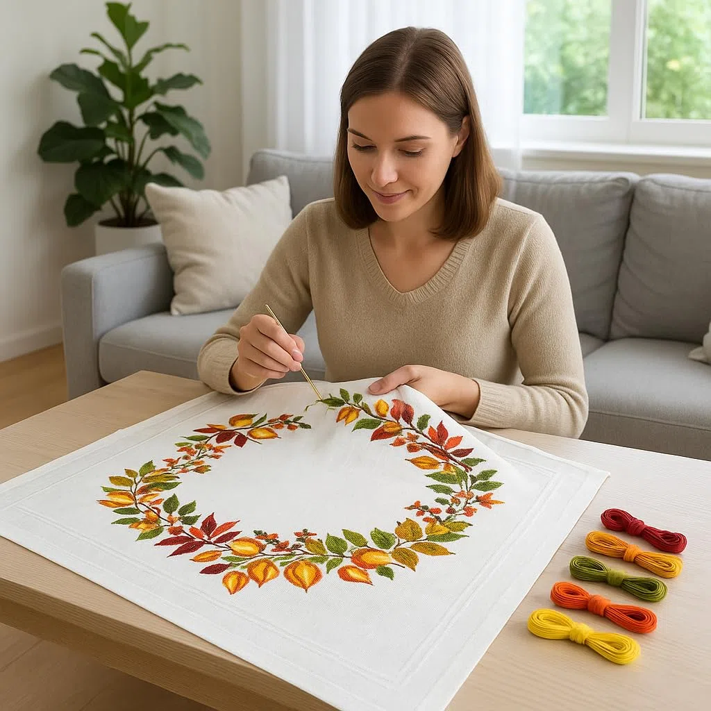 KAMACA Stickpackung Tischdecke Herbst Spannstich Set vorgedruckte Stickdecke inkl. Stickgarn Stickvorlage und Anleitung Stickset zum Selbersticken für Erwachsene (Blätter und Beeren MD 80x80 cm)