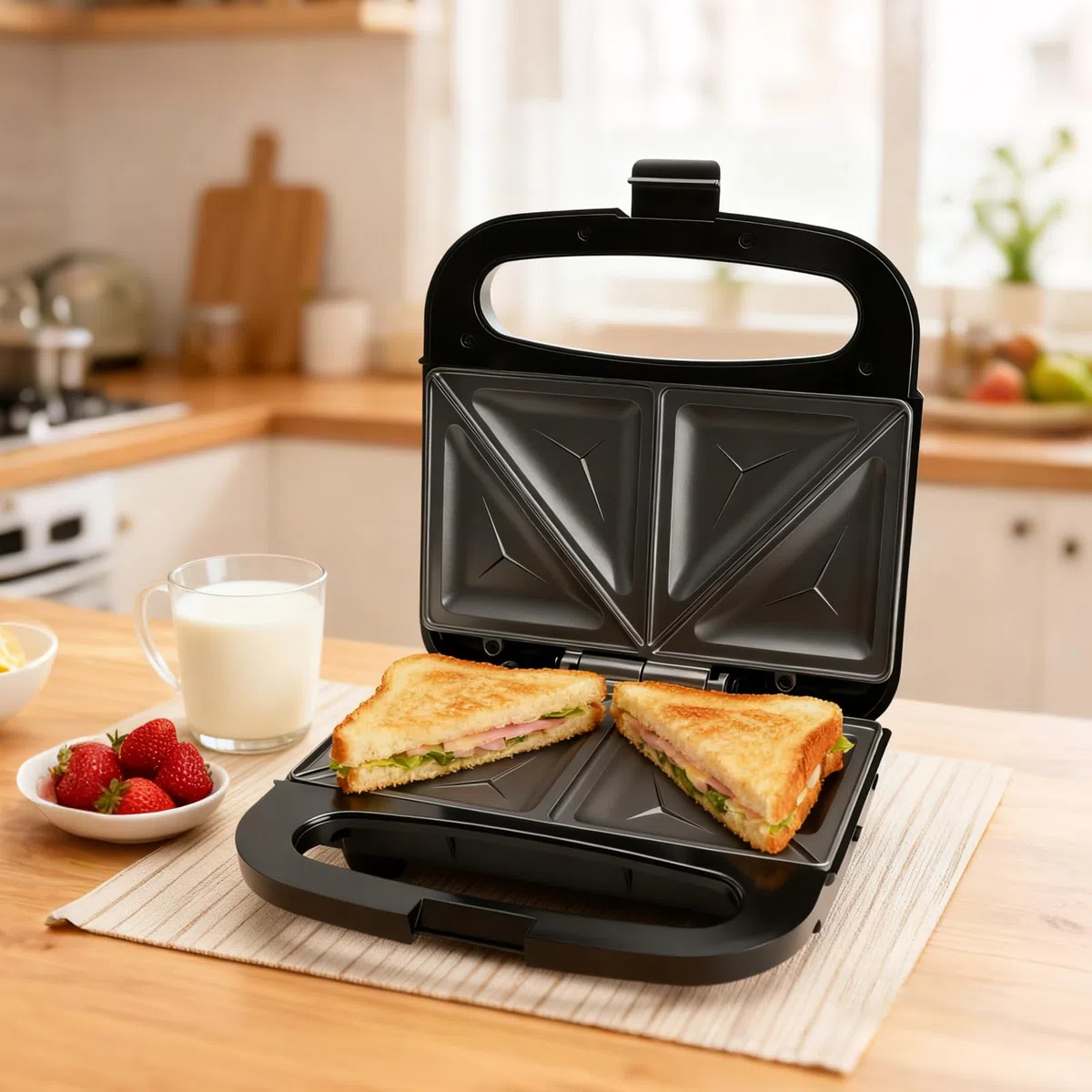 Sandwichmaker, 750W Sandwichtoaster, Antihaft-Beschichtung, Aufwärm-Anzeige, Cool Touch Gehäuse, Ideal für Sandwiches, Pancakes, Omeletts & Steaks