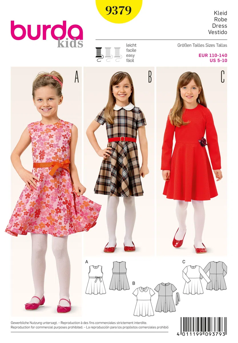 Burda 9379 Schnittmuster Mädchenkleid mit glockenrock und Karomuster (Kids, Gr. 110-140) Level 2 leicht