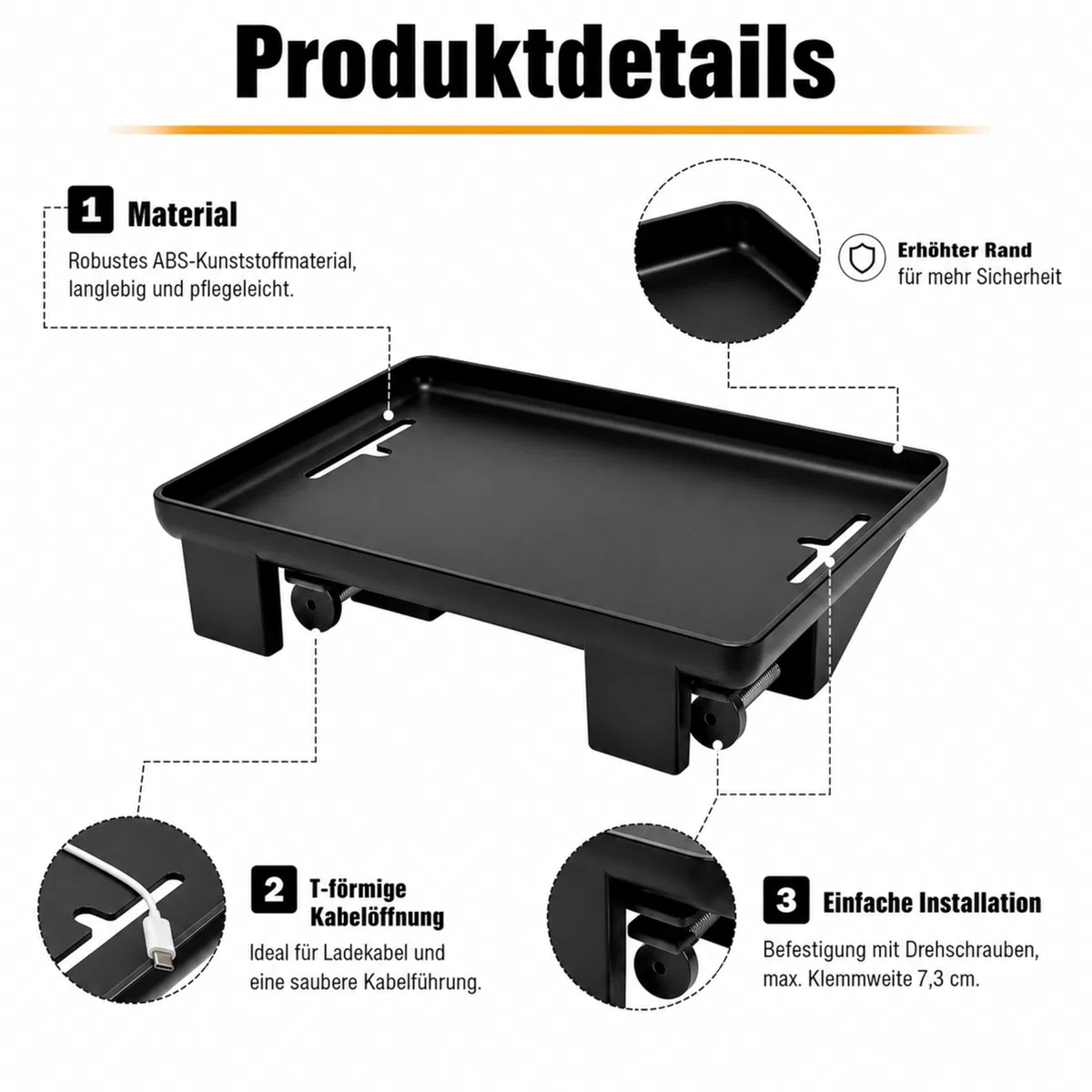 URMONA Bettablage 32x23 cm Nachttischregal zum Anklippen mit Kabelführung | Weiß, Clip-On Ablage, stabile Klemmhalterung, Kabelöffnung, für Handy Tablet Brille, Sofa Hochbett Studentenbett Wohnheim