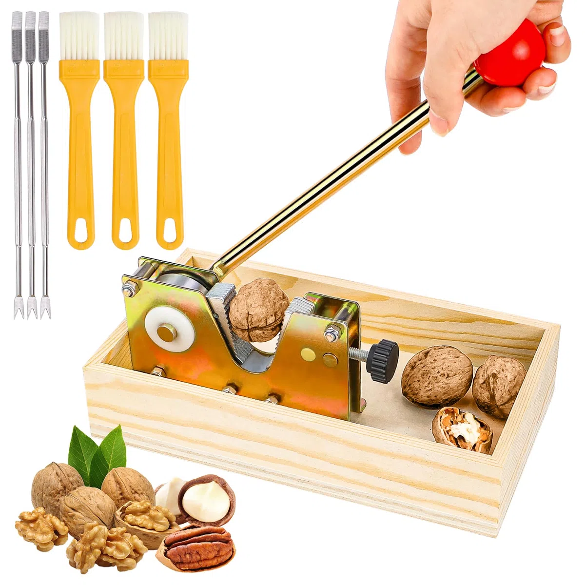 Raxfekro Nussknacker Walnüsse, Walnussknacker mit Hebel-Funktion, Nutcracker Grönverstellbar, Nußknacker mit Holzbasis Griff Geeignet zum Öffnen von Mandeln, Walnüssen, Macadamianüssen usw