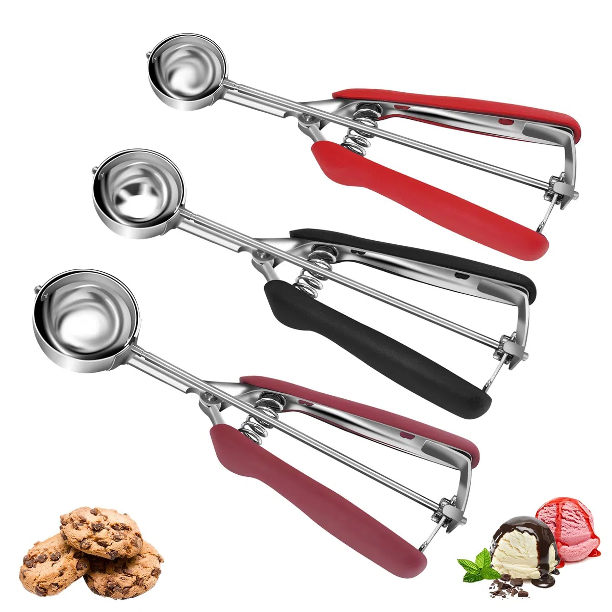 Cookie Portionierer Set, 3-teiliges Eisportionierer Set aus Edelstahl, Plätzchenportionierer mit Auslöser (1 EL/2 EL/3 EL), Teigportionierer für Keksteig, Muffins, Cupcakes, Melonen