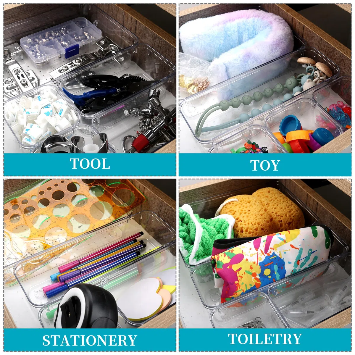 7-teiliges Schubladen-Organizer-Set, Make-up-Organizer-Tablett für Schubladen, transparentes Kosmetik-Behälter-Tablett für Büro, Schlafzimmer, Küche, Schmuck und Gadgets