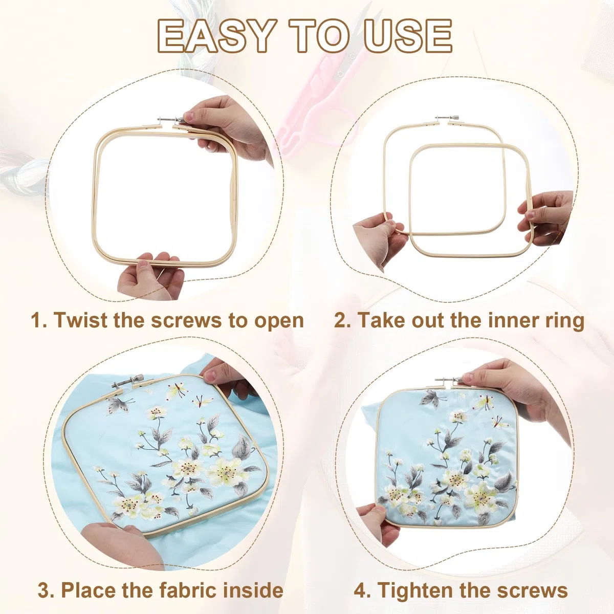 PATIKIL 3 Stück 3 Größen 20/16/13 cm Bambus Stickrahmen Set, Quadratische Verstellbare Rahmen, Stickrahmen Kreuzstich Ring, Punch Needle Rahmen Stickständer für Embroidery DIY Nähen