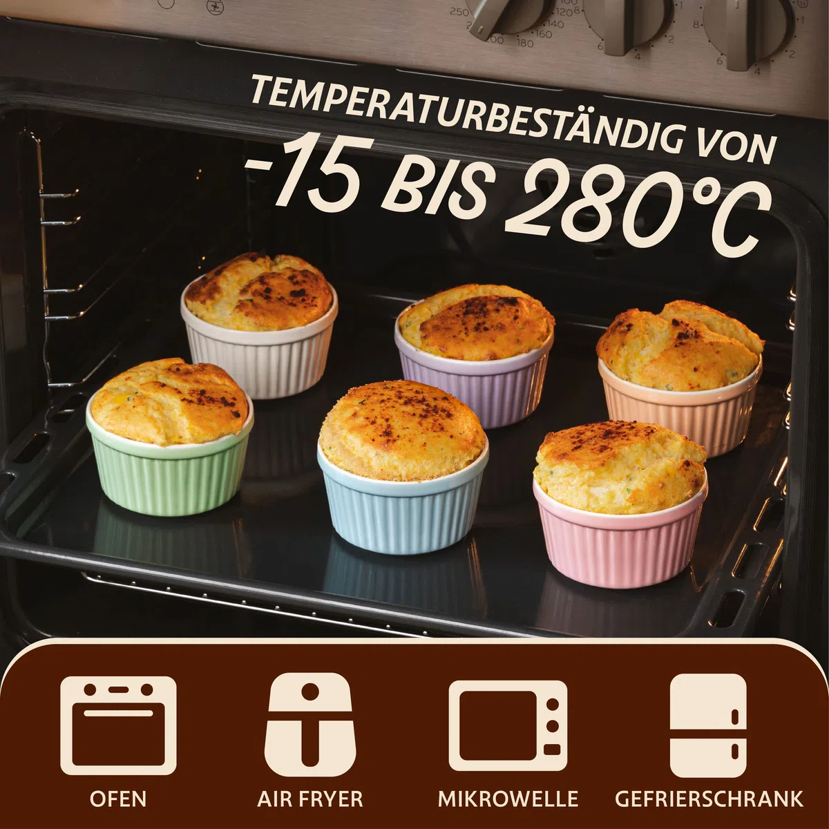 Praknu 6 Souffle Förmchen aus Keramik - Backofenfest - 200 ml - 9 cm - Stapelbar - Mit Antihaftbeschichtung