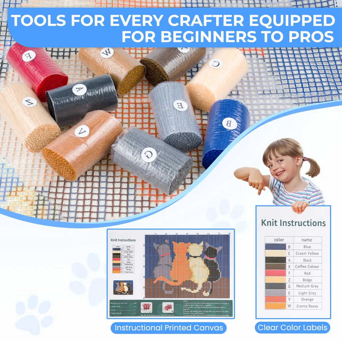 EsLuker.ly Katze Knüpfteppich für Kinder und Erwachsene zum Selber Knüpfen, DIY Knüpfsets Kreuzstich Teppich Set mit Werkzeug Latch Hook Kit Child Rug Animal, 50x38cm