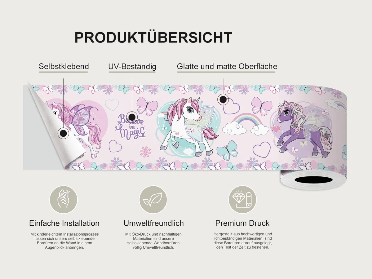 Selbstklebende Bordüre Einhorn AG Design, AWBD 8026 | Wasserfest Kinderzimmer Wand Aufkleber Dekoration | Wandbordüre für Mädchen und Junge | Folie, Mehrfarbig | Breite 500 cm x Höhe 13.8 cm