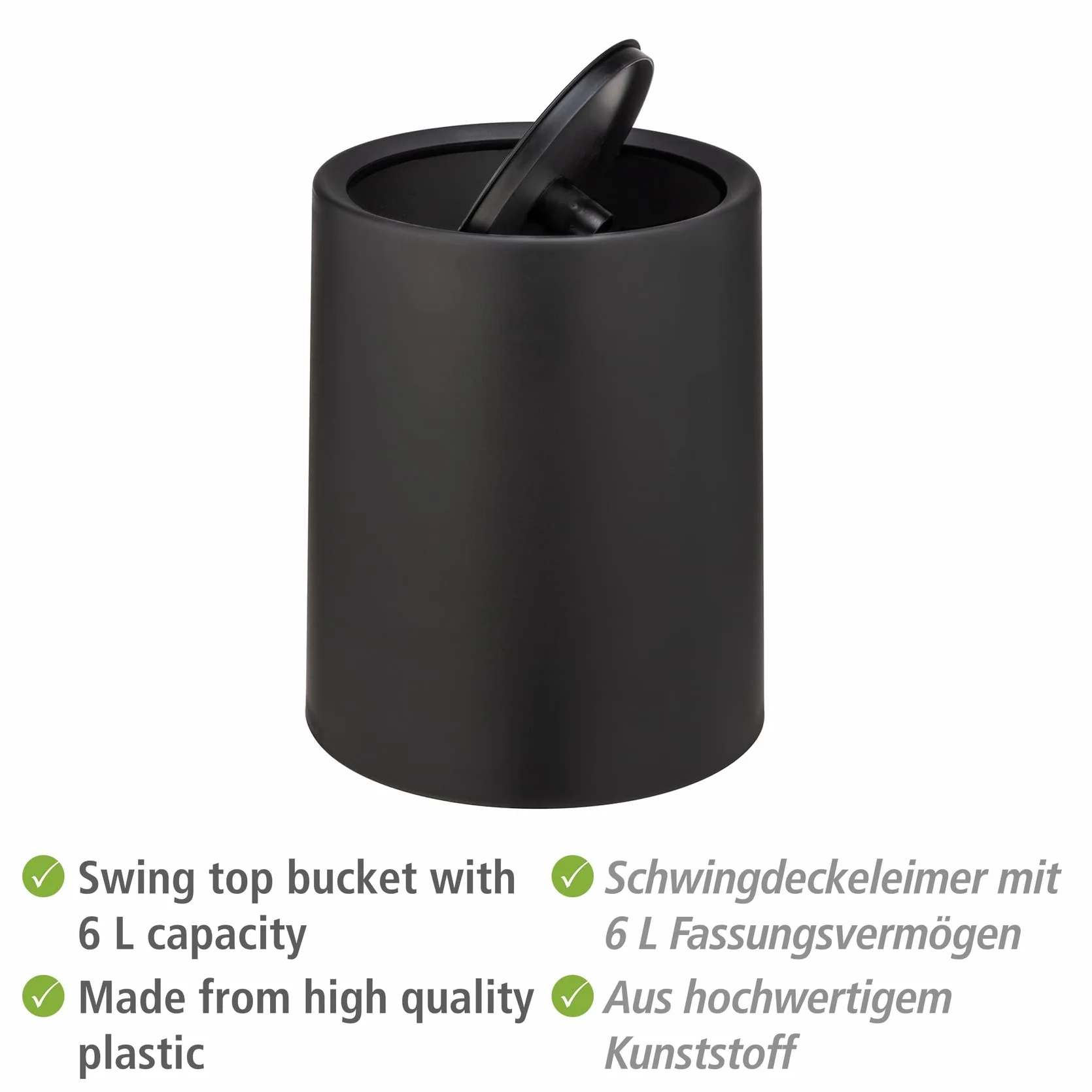 WENKO Schwingdeckeleimer Mod. Atri, 6 Liter Kosmetikeimer mit Deckel aus hochwertigem Kunststoff mit Inneneimer, Hülle zum Überstülpen macht Müllbeutel unsichtbar, (B/T x H): Ø 21 x 25,5 cm, Schwarz