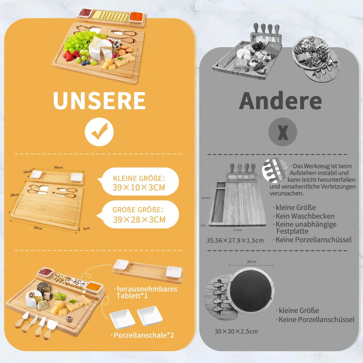 Käsebrett aus Bambus mit Käse Werkzeugen, charcuterie Board, Käseplatten-Set, Serviertablett für Weincracker, Brie und Fleisch, Bambusheber, Einzugsgeschenk für Leckereien und Weihnachten