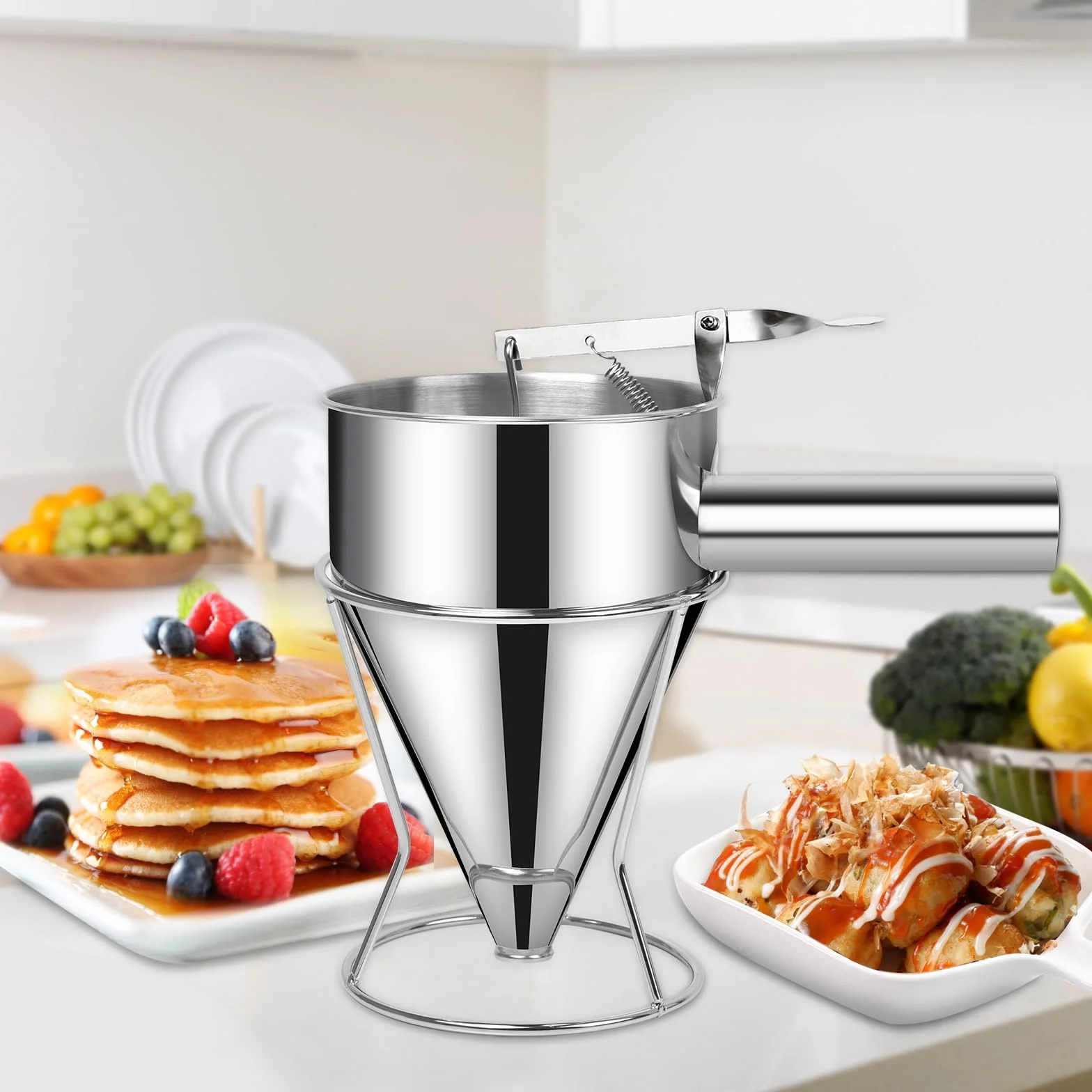 Sopito Teigspender, 600ml Pfannkuchen Teigspender Edelstahl Teigportionierer Multi-Kaliber Edelstahl Trichterkuchen-Spender mit Ständer Großartig für Pfannkuchen Desserts