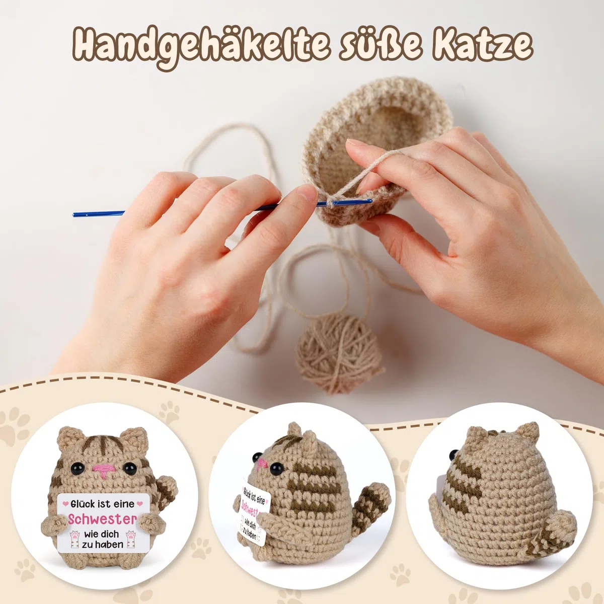 Vetbuosa Schwester Geschenk - Handgehäkelte Katzenpuppe mit Karte, Geschenkideen für Schwester zum Geburtstag Weihnachten Muttertag