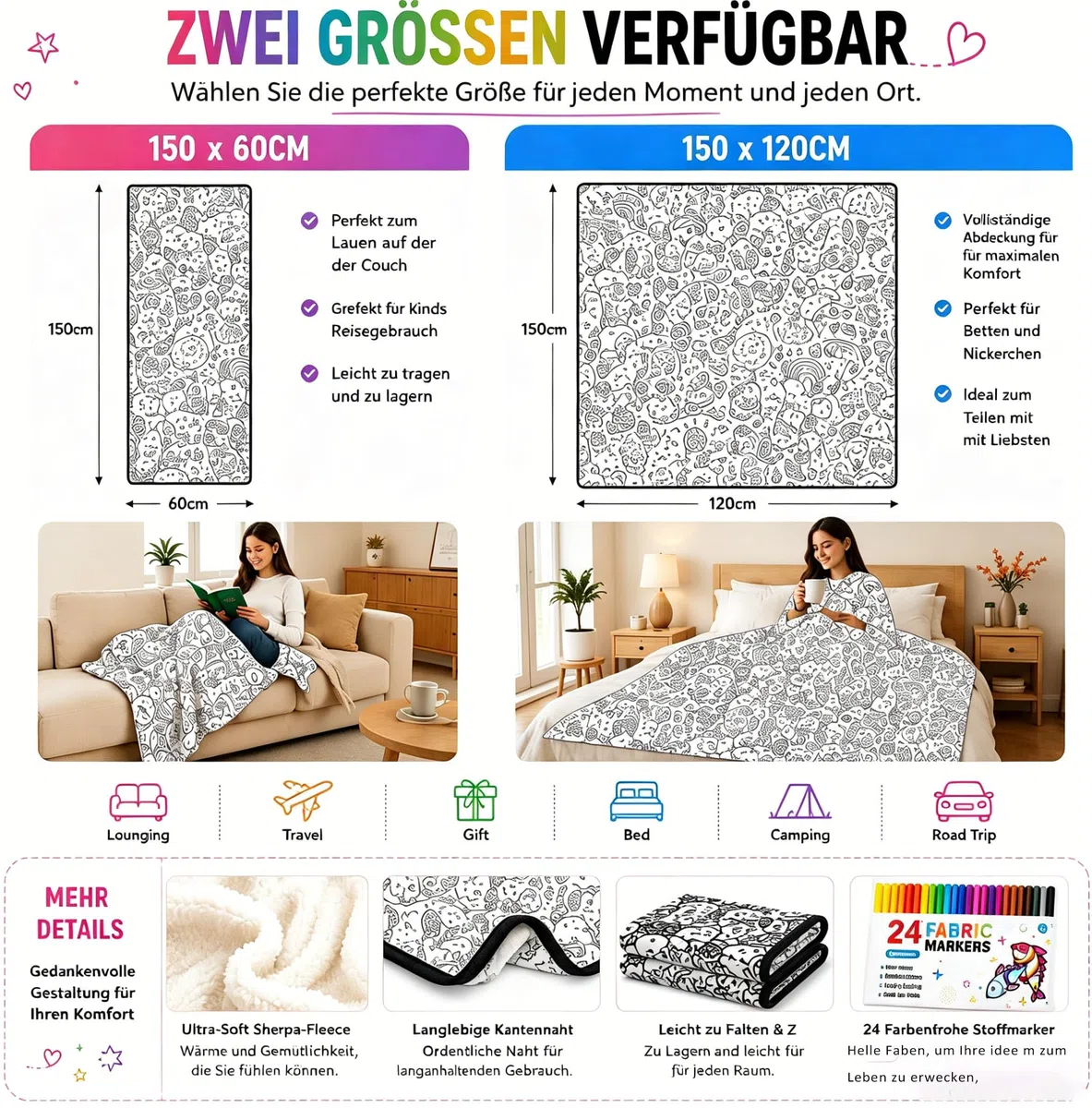 VEELU Kritzel Kuscheldecke zum Ausmalen für Erwachsene, DIY Maldecke zum Bemalen mit Stiften, Wiederverwendbare Coloring Blanket, Decke zum Selbergestalten, Kreative Geschenkidee (Stil 3)
