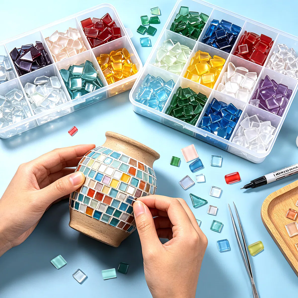 1 kg Mosaiksteine zum Basteln, 1 x 1 cm Quadratische Bunte Kristall-Mosaik-Fliesen, Mosaik Steine für DIY-Vasen, Fotorahmen, Tassen und zur Dekoration von Badezimmern (Bunt – Mehrförmig)