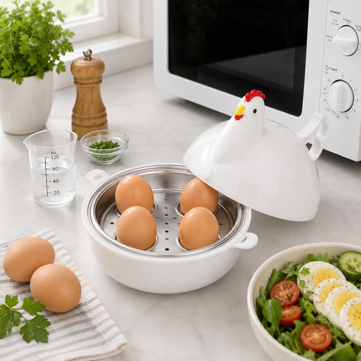 Mikrowellen Eierkocher 4 Eier, Aluminium Dampfgarer Frühstückshelfer | Mikrowellen Eierdämpfer in Hühnerform, dampft 4 Eier schnell. Küchenhelfer für einfache Frühstückseier tägliche Küchenarbeit