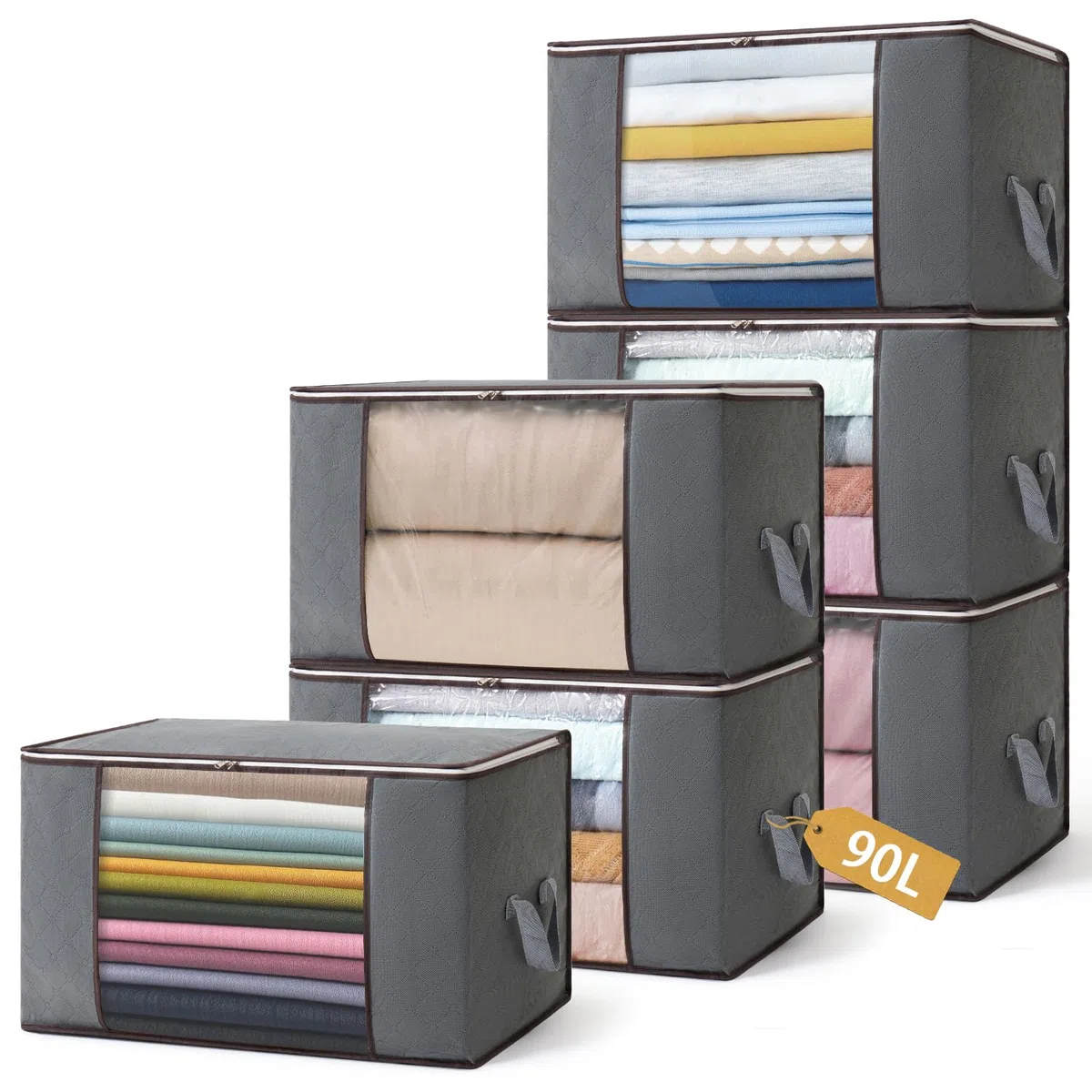 6 Stück 90L Aufbewahrungstasche, Aufbewahrungsbox mit Deckel, Groß Kleideraufbewahrung Umzugskartons, Faltbare Aufbewahrung Boxen für Bettdecken Decken Kleidung Unterbett Kleiderschrank, Grau