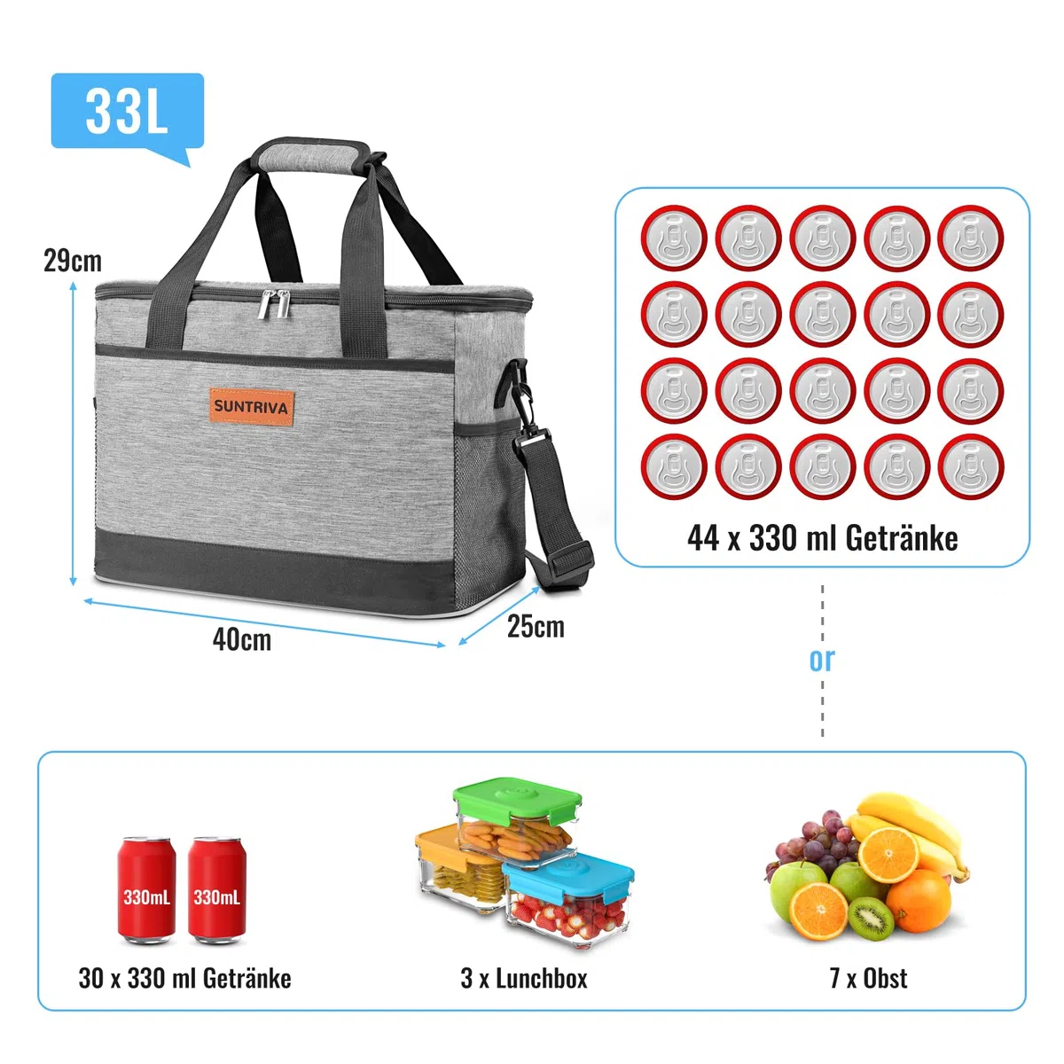 Kühltasche Groß 33L 40 Dosen 14h Kühlung Kühlbox Tragbar Faltbar Isoliertasche Auslaufsicher Cooler Box Thermobox Picknicktasche für Picknick Camping Einkaufen Grillen Familie Büro Auto