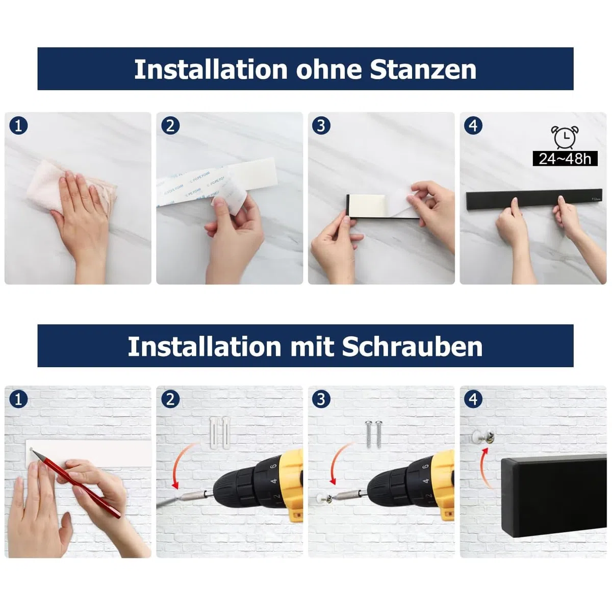 Dmore 25 cm Magnetleiste Messer mit 2 Haken, schwarzer Messerhalter magnetisch ohne Bohren, leistungsstarker Magnet Messerhalter, inklusive Klebeband und Schrauben für Messer, Utensilien und Werkzeuge