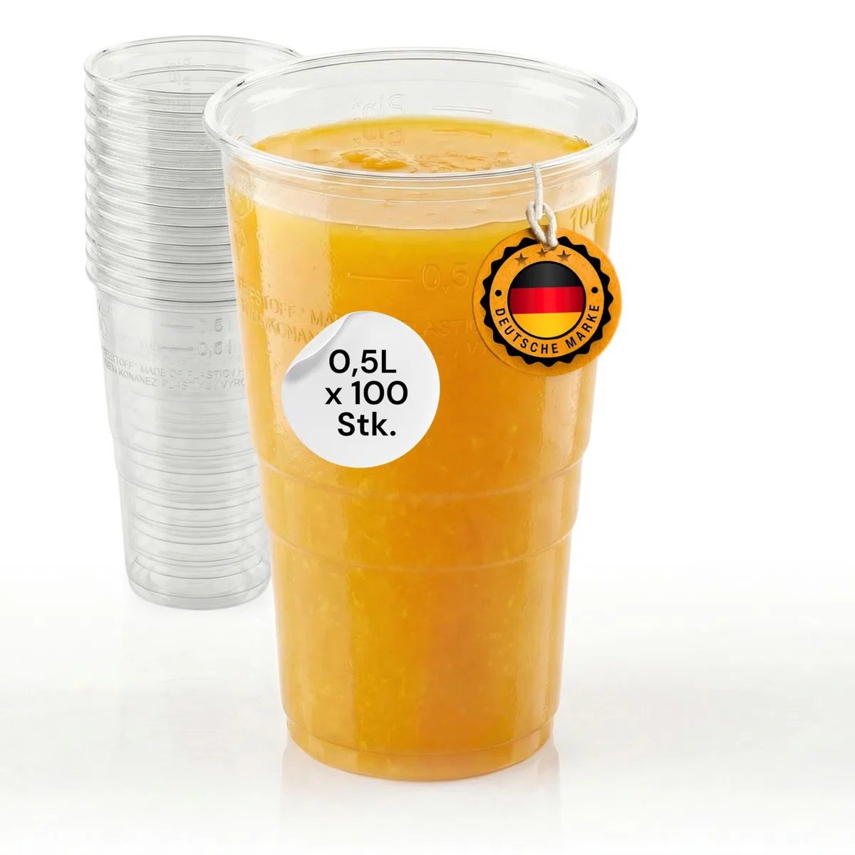 100 Stück Plastikbecher – Trinkbecher mit Eichstrich 0,5l | Einwegbecher aus Hartplastik (PP), transparent | Bierbecher & Partybecher – Kunststoffbecher