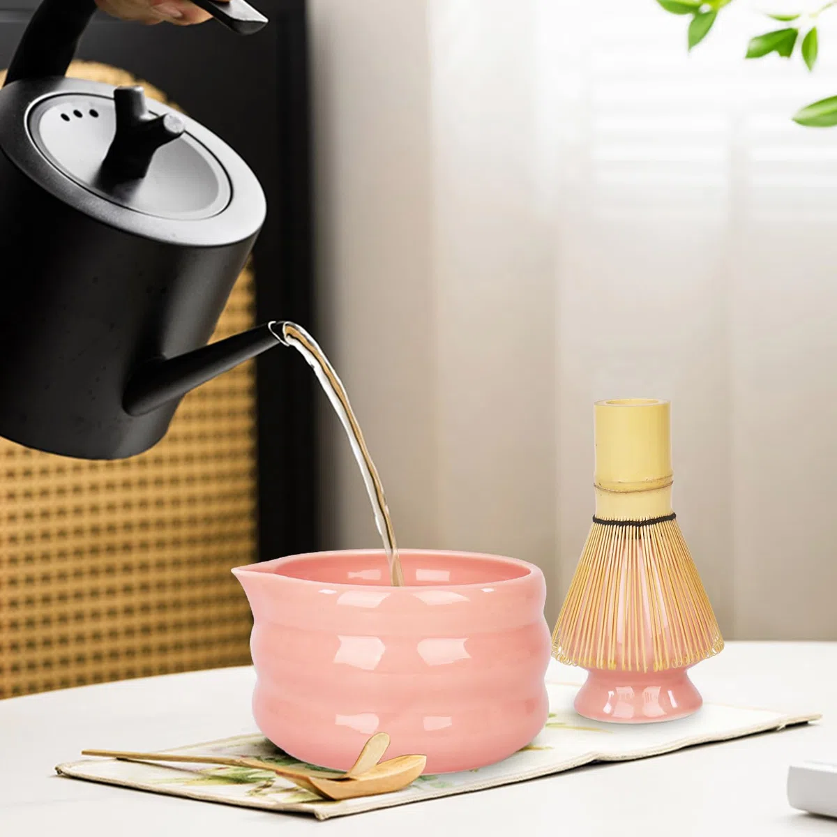 Nwvuop 7 Stück Matcha Set Matcha Besen Set mit Matcha Schale und Sieb Matcha Tee Set Rosa