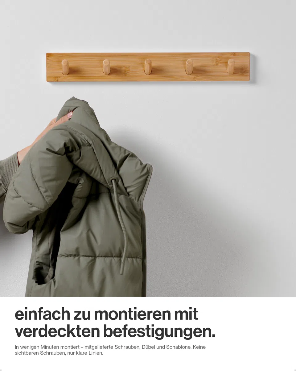 LARHN Garderobenhaken Holz (2 Stück) - Garderobenleiste Holz mit 5 Haken - 43 cm - Kleiderhaken Wand - Wandgarderobe für Flure, Garderoben, Schlafzimmer und Badezimmer