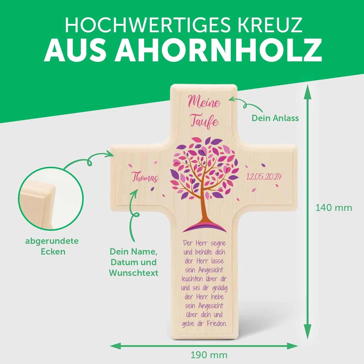GRAVURZEILE Personalisiertes Kinderkreuz zur Taufe Kommunion und Konfirmation - Lebensbaum - Holzkreuz für Kinder personalisiert mit Text - Personalisierte Geschenke für Jungen und Mädchen - Grün
