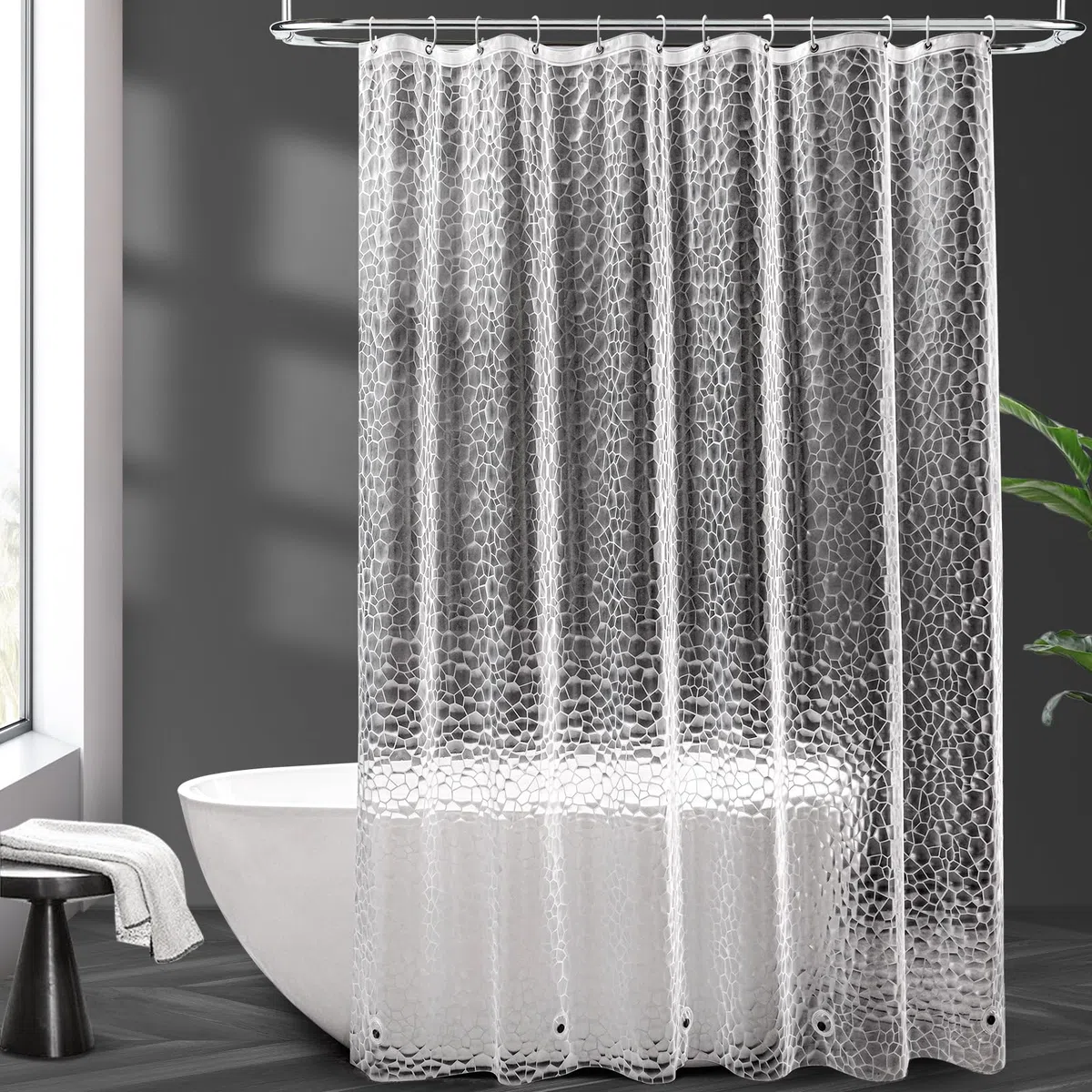 AooHome Duschvorhang Transparent, 180x200cm mit 5 Magnete unten, Antischimmel Wasserdicht Duschvorhänge mit 12 Ringe Hexagon Muster, Wasserfest für Badewanne Bad Vorhang