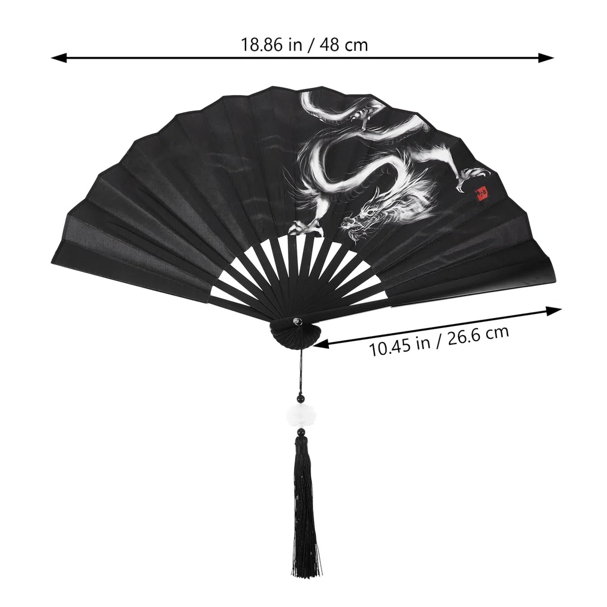 IMIKEYA Schwarz Handfächer, Drachen Chinesischer Fächer aus Seide, Japanischer Vintage Seide Handfächer Faltbarer mit Quasten handgemacht Handheld Fan für Party, Hochzeit, Halloween
