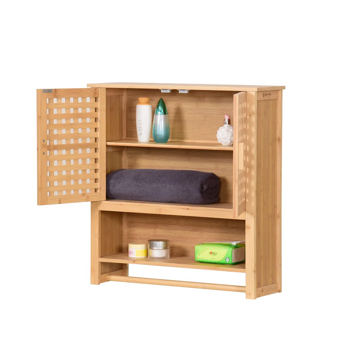 Hängeschrank aus Bambus fürs Badezimmer Wandschrank mit 2 Türen Handtuchhalter & Ablage Badschrank mit Regalfächern Platzsparend 66x62x20cm Natural (Land)