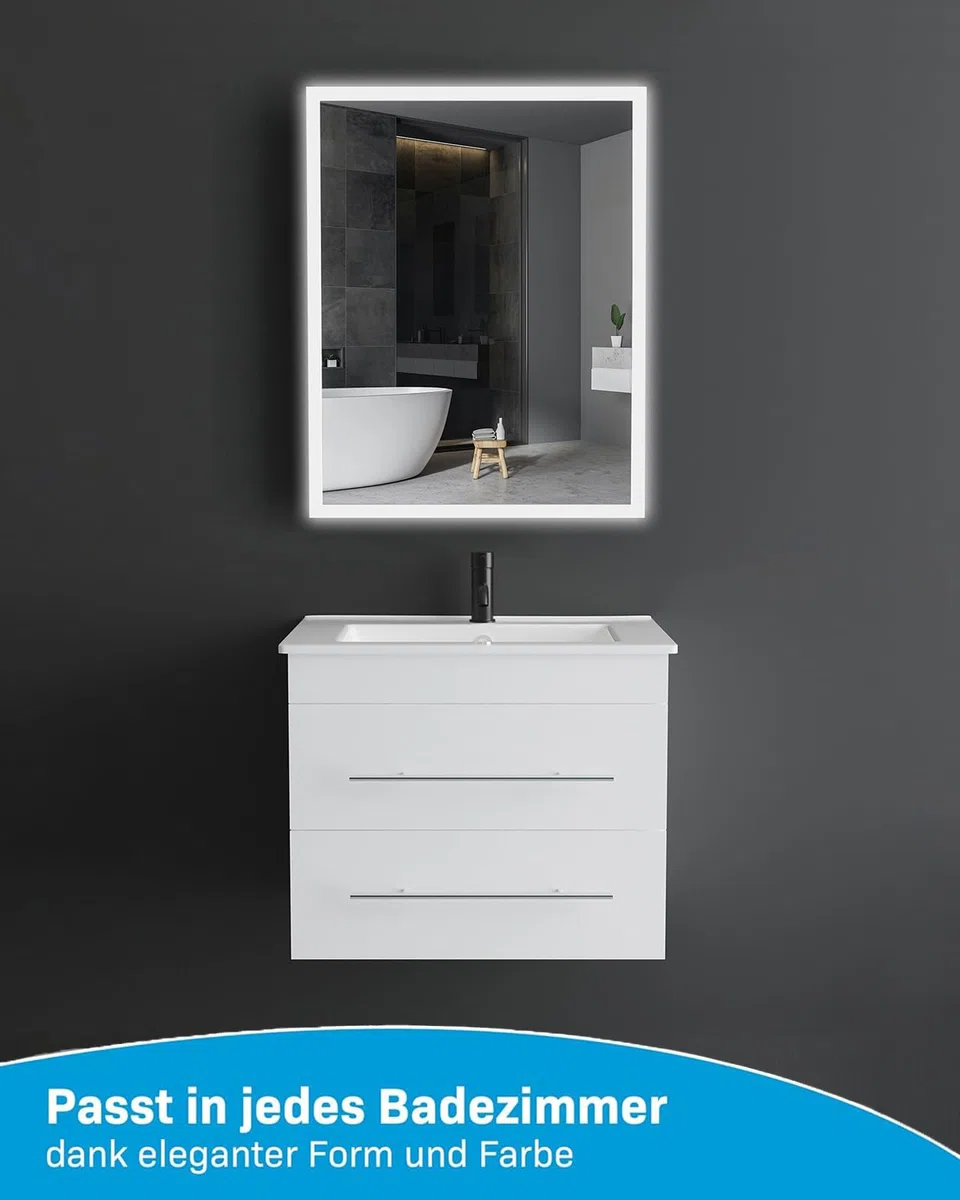 Alpenberger Waschbecken Badezimmer Waschtisch mit Unterschrank 60 cm Breit Hängend | Gäste WC Waschbecken mit Unterschrank Bad Möbel Modern Set | Kleiner Waschbeckenunterschrank Weiß