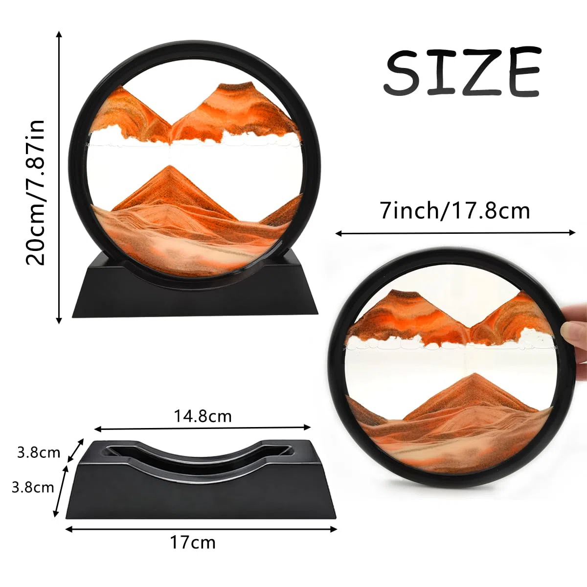 Fließende Sandmalerei, Dynamisches 3D Sandbild zum Drehen, Sandkunst, Tiefsee Sandbild Rund für Zuhause, Büro und Desktop Dekor (Orange, 7")