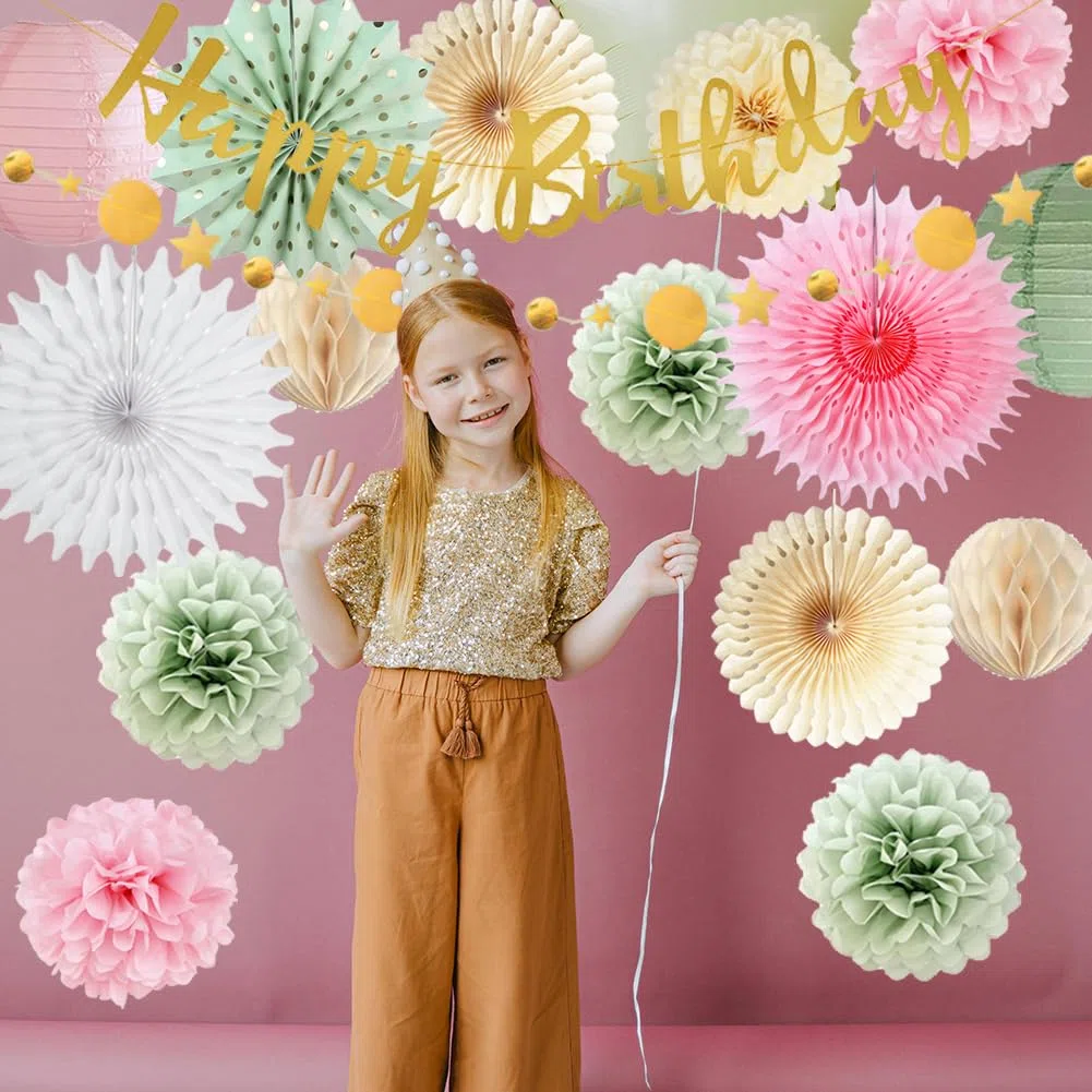 Geburtstagdeko Frauen Grün Rosa Geburtstag Deko Happy Birthday Girlande Rosa Salbeigrün Seidenpapier Pompoms Papierfächer für Neutral Dekoration