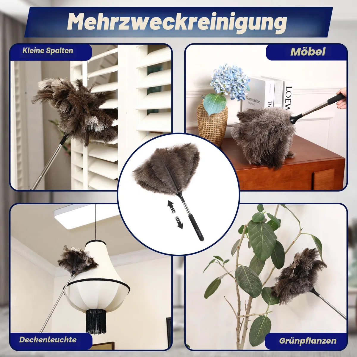 Soarer Ausziehbarer Straußenfeder-Staubwedel – 101,6 cm Flauschiger Langer Griff, wiederverwendbarer Staubwedel zur Reinigung von Deckenventilatoren, Hängelampen, hohen Decken, Jalousien, Möbeln