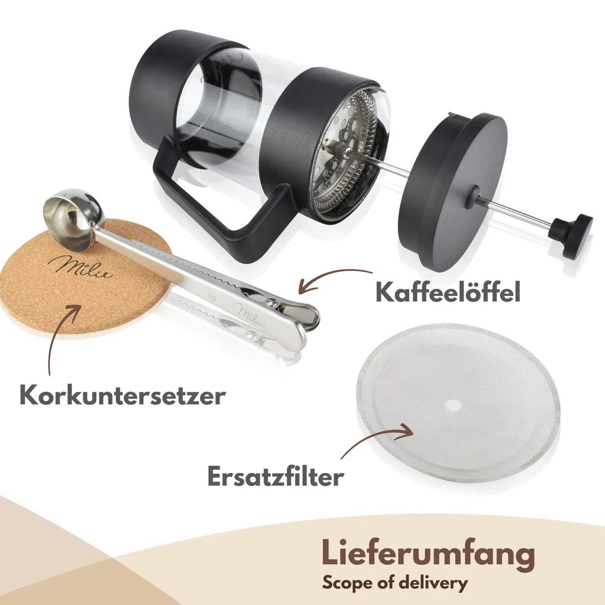 Milu French Press Kaffeebereiter | 350ml, 600ml, 1L | Glas Kaffeepresse, Kaffeezubereiter für Zuhause Reisen Camping inkl. Untersetzer, Löffel, Ersatzfilter (Schwarz, 1000ml (5 Tassen)