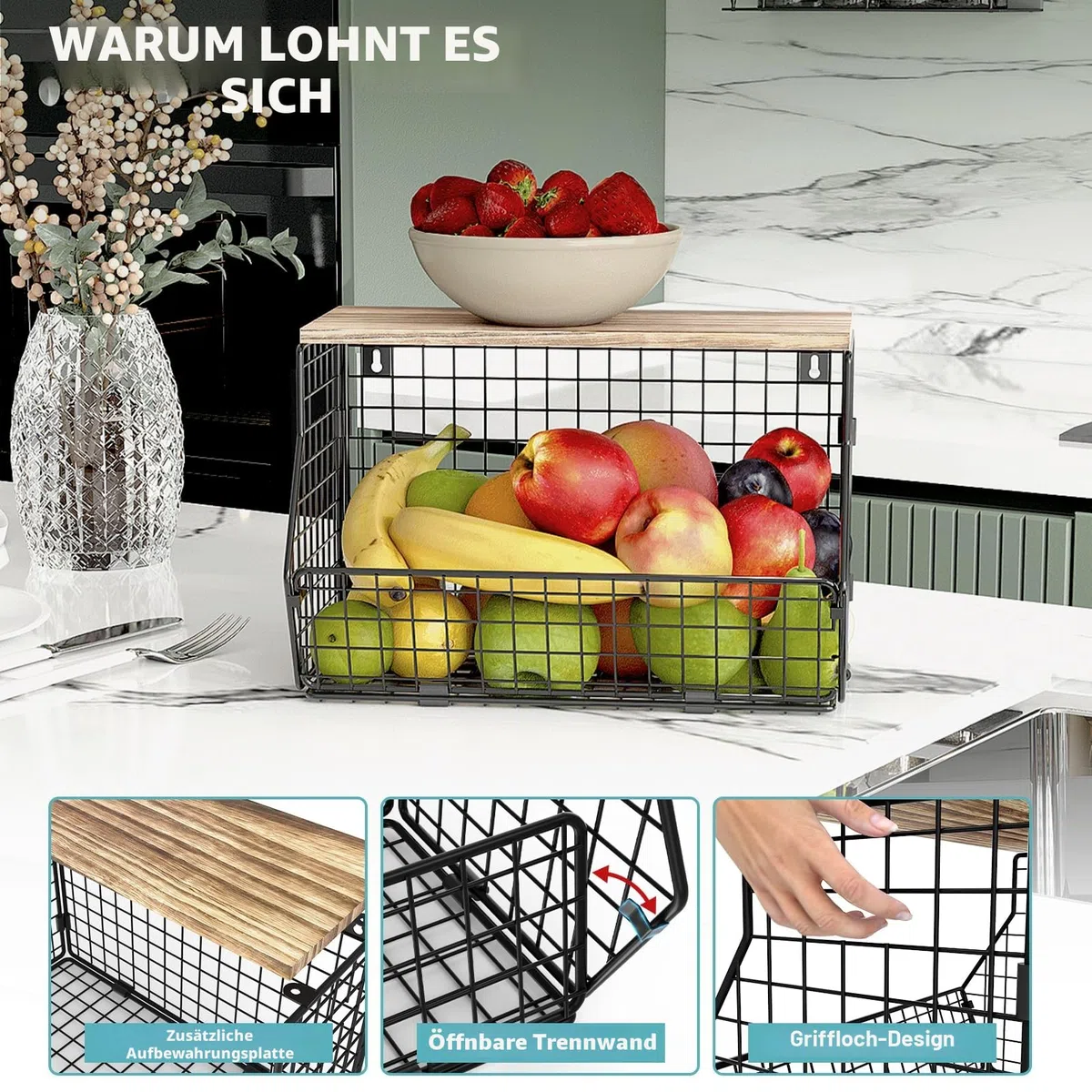 WELDUN Obstkorb aus Metall, hängende Obstschale mit Bananenaufhänger, Stapelbar Küchenorganizer, Obstständer Obstregal, Wand Aufbewahrungskörbe für Gemüse, Obst, Brot