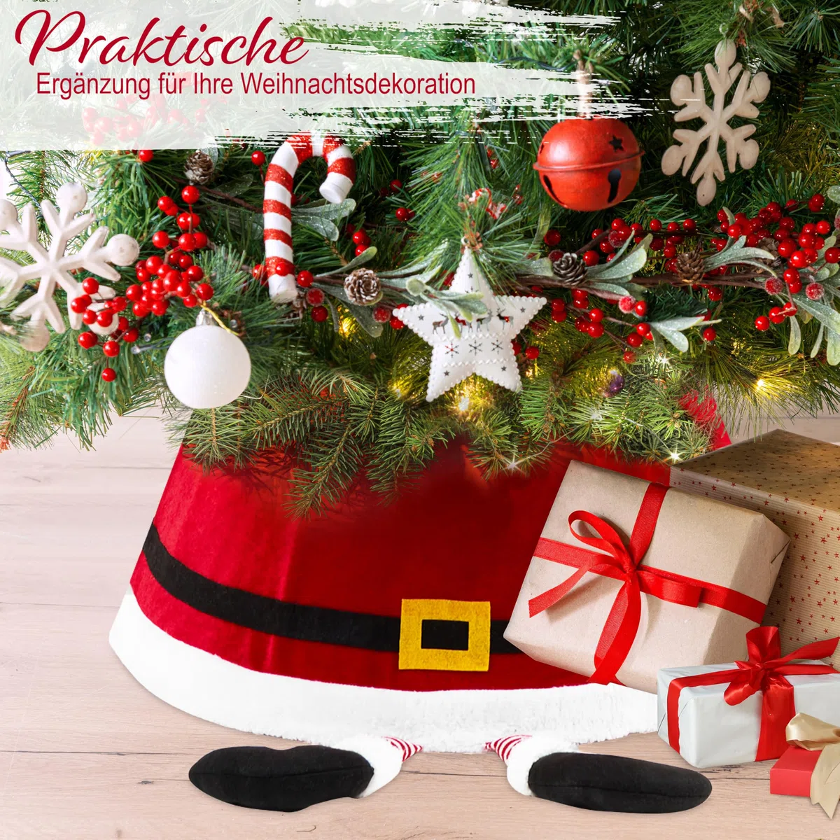 DECO EXPRESS Weihnachtsbaumständer Abdeckung, 42x24cm Weihnachtsbaum Rock, Stilvoll Weihnachtsdeko Innen In Weihnachtsmann Frohe Weihnachten Design (Rot Santa, Höhe 42 cm/Basis 56 cm)