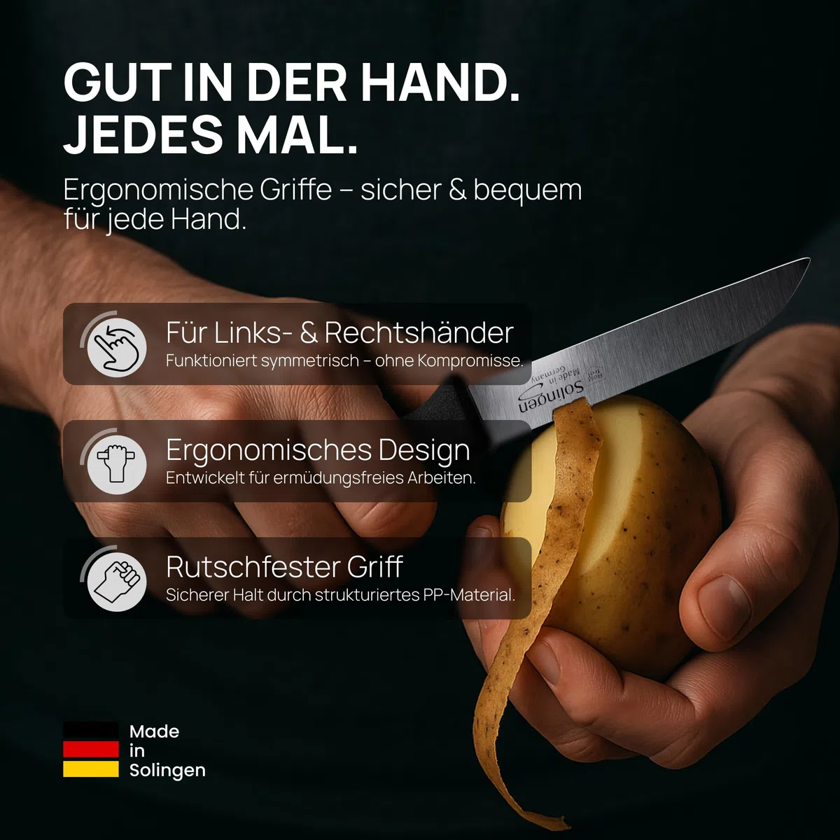 Schwertkrone® Schälmesser 4er Set [MADE IN SOLINGEN - GERMANY] - Gemüsemesser Obstmesser - Küchenmesser klein scharf - Schneidemesser Kartoffelschälmesser - Allzweckmesser rostfrei (4x 3 gerade)