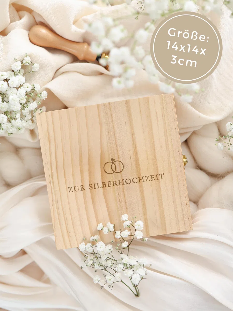 Joli Coon Silberne Hochzeit Geschenk - Zum 25. Hochzeitstag die besten Glückwünsche - Hochwertige Geschenk silberne Hochzeit Holzbox 14 x 14 x 3 cm