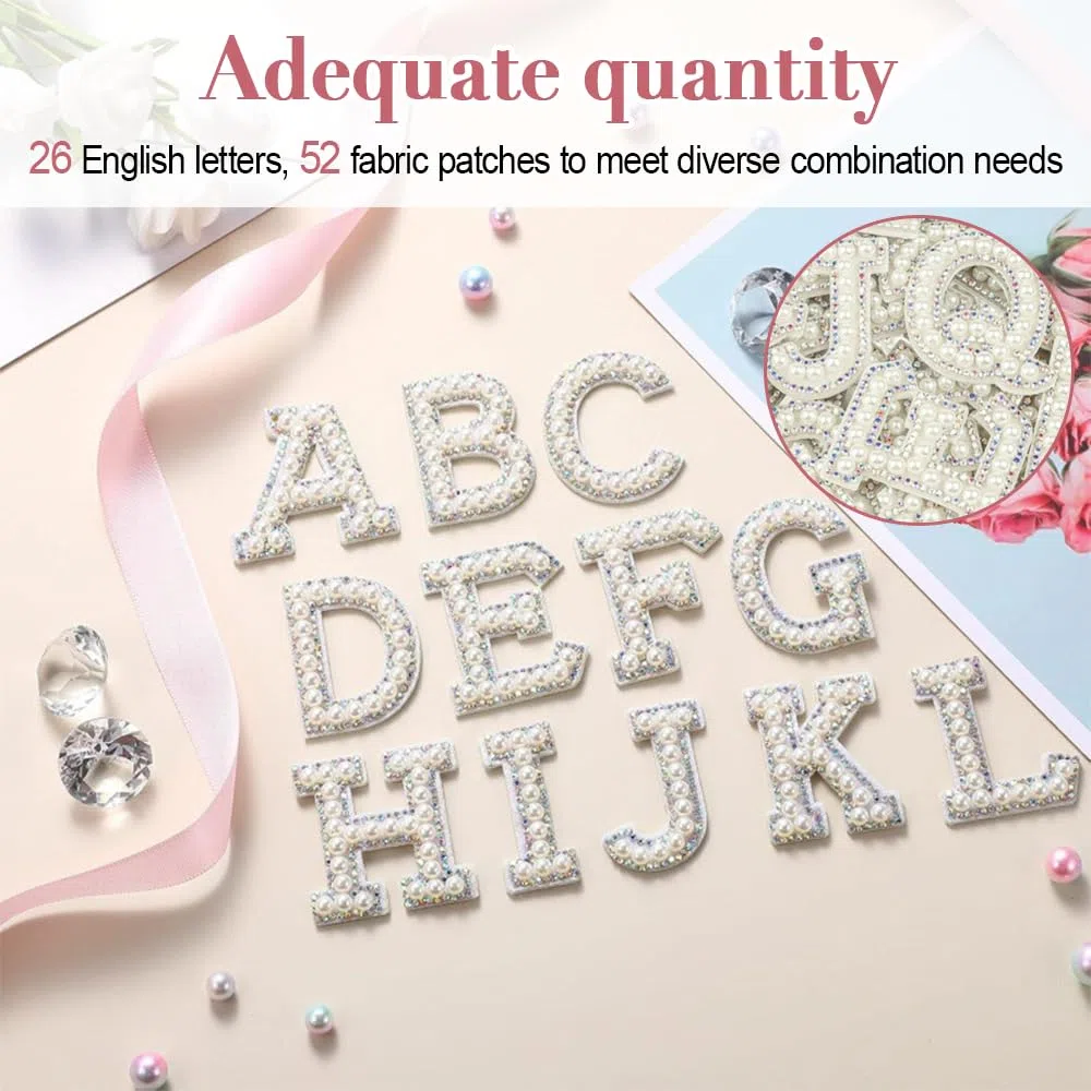 Perlen Buchstaben Aufkleber, 52 Stück Selbstklebende Strass Alphabet Aufnäher mit AZ-Glitzer, Buchstaben Sticker für DIY-Projekte An Kleidung, Taschen, Rucksäcken, Jeans und T-Shirts