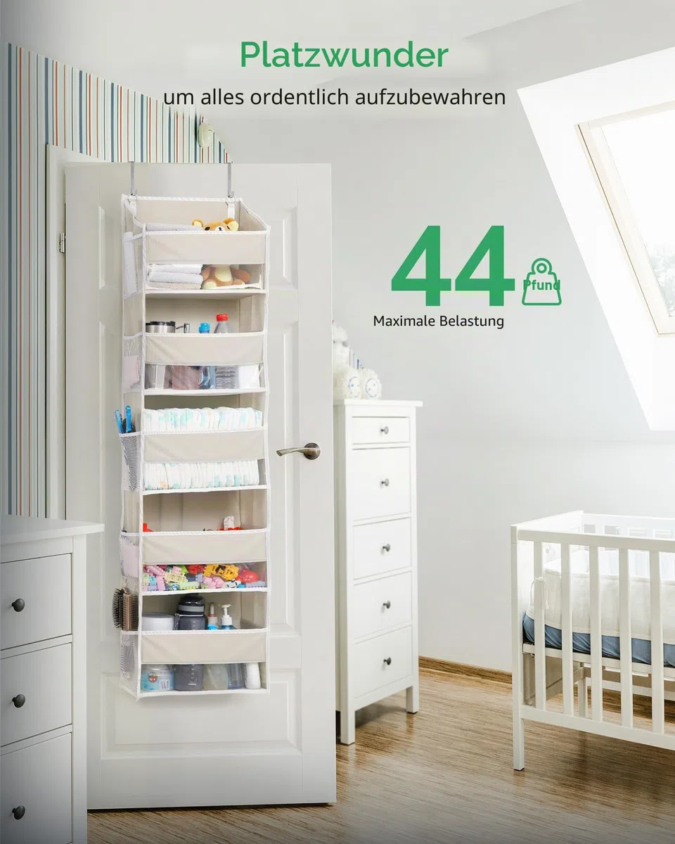 ULG Tür-Organizer, 5 große Taschen, 10 Mesh-Taschen, 20 kg Tragkraft, Hängender Organizer für Schlafzimmer, Bad, Küche, Beige