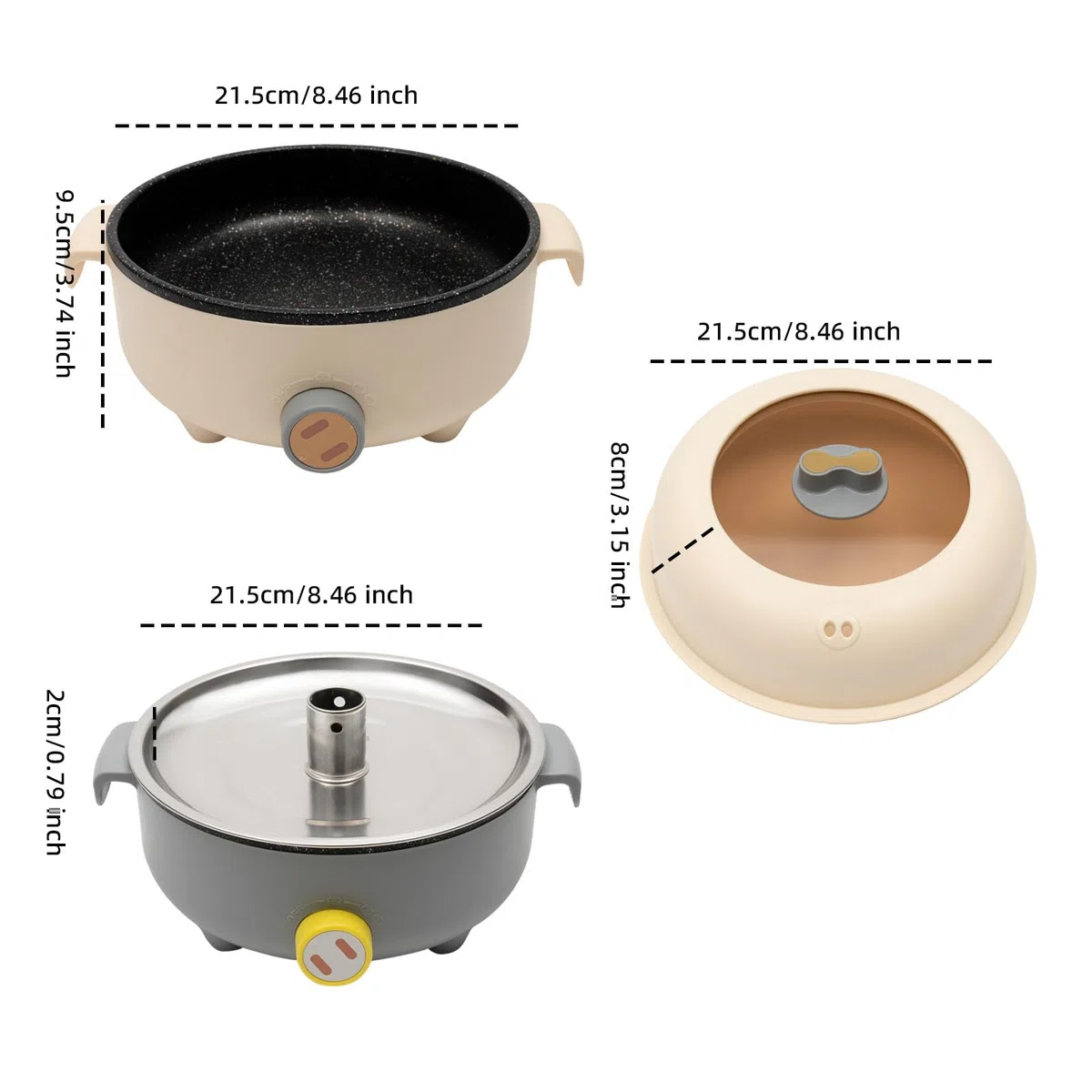 1,5L Elektrischer Hot Pot mit Dampfgarer, Antihaft Mini Elektropfanne Khaki | Antihaft, 1,5L, mit Dampfgarer|Geeignet für Kochen, Braten, Ramen, Fondue & Suppe | Ideal für Wohnheim, Camping & Zuhause