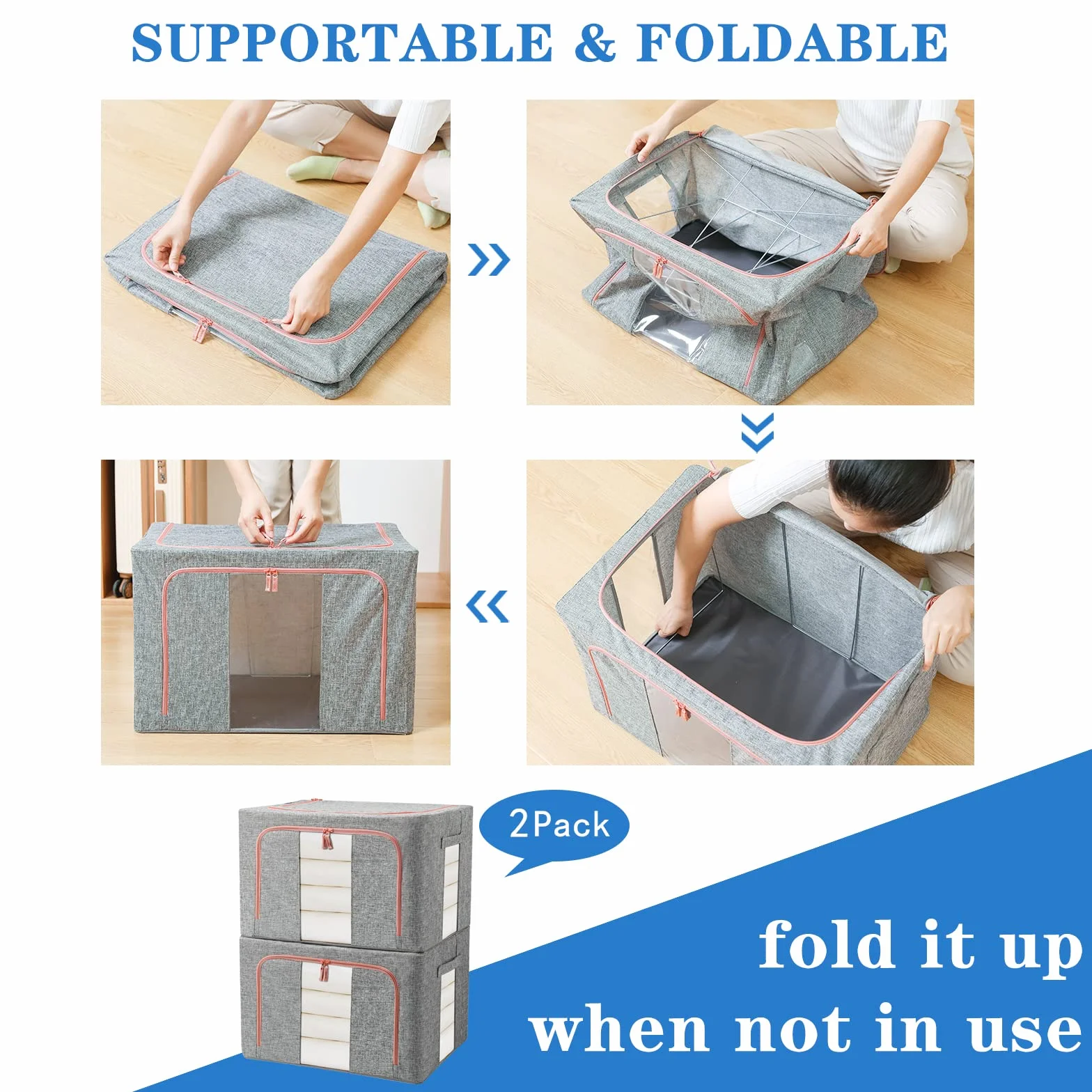Kleideraufbewahrung Box 2 Stück, Kleiderschrank Organizer Faltbar Aufbewahrungsbox mit Metallrahmen und 2 Fenster, Aufbewahrungstasche für Kleidung, Bettdecken, Decken, Bettwäsche, Grau(22L)