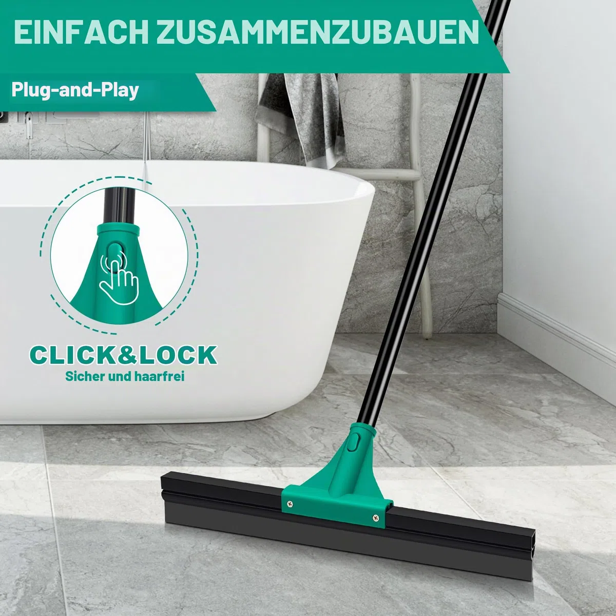 JEHONN Wasserschieber Bodenabzieher Abzieher Dusche Boden mit Teleskopisc Stiel 148 cm, Wasserabzieher Gummiabzieher Flitsche für Garage Beton Bad Fliesen Marmor Glas Shop Deck Fenster (Grün)
