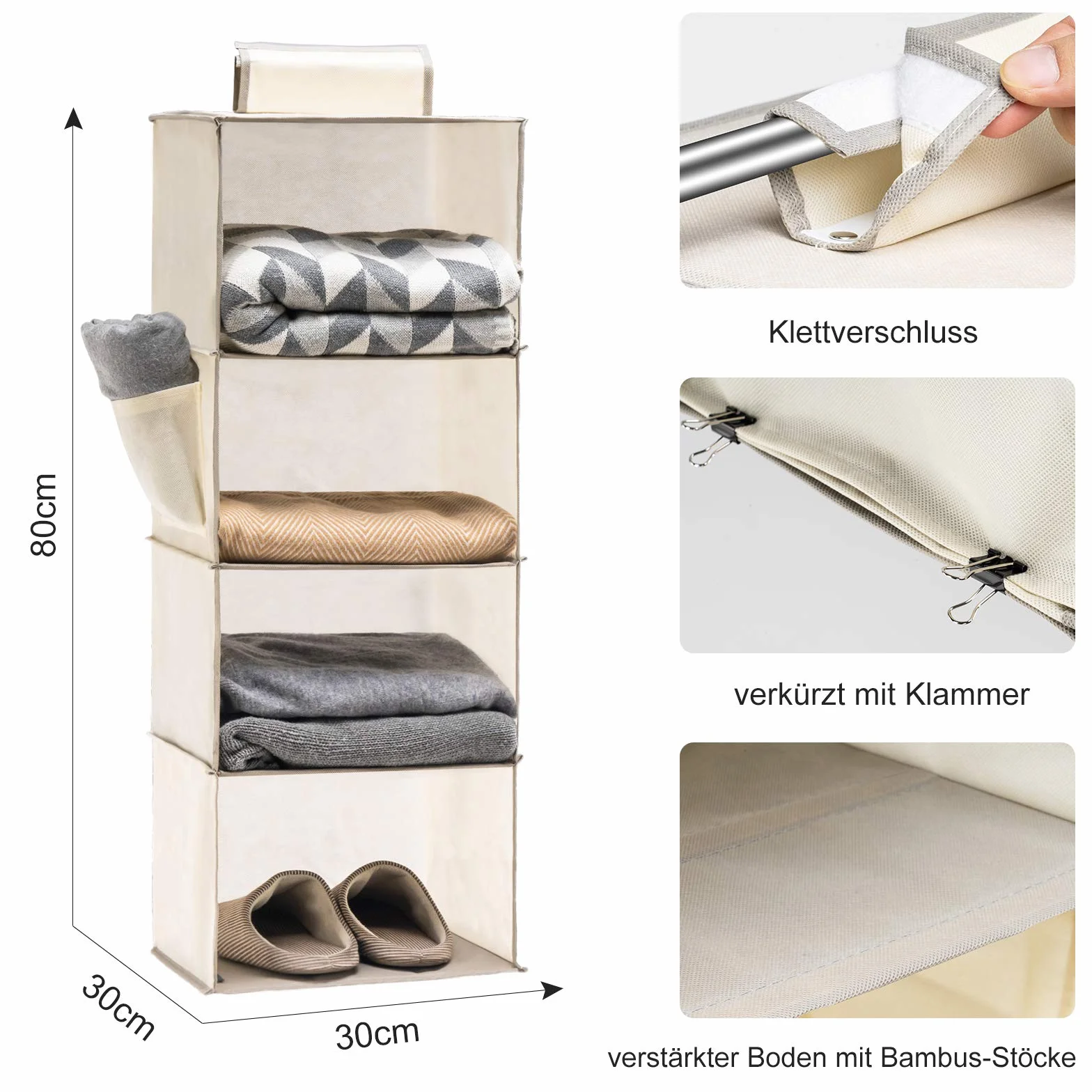 YOUDENOVA Hängeregal Stabiler Hängeorganizer Kleiderschrank Organizer Hängeaufbewahrung Schrankorganizer mit Bambus-Stöcke und MDF-Platten Verstärkt Beige