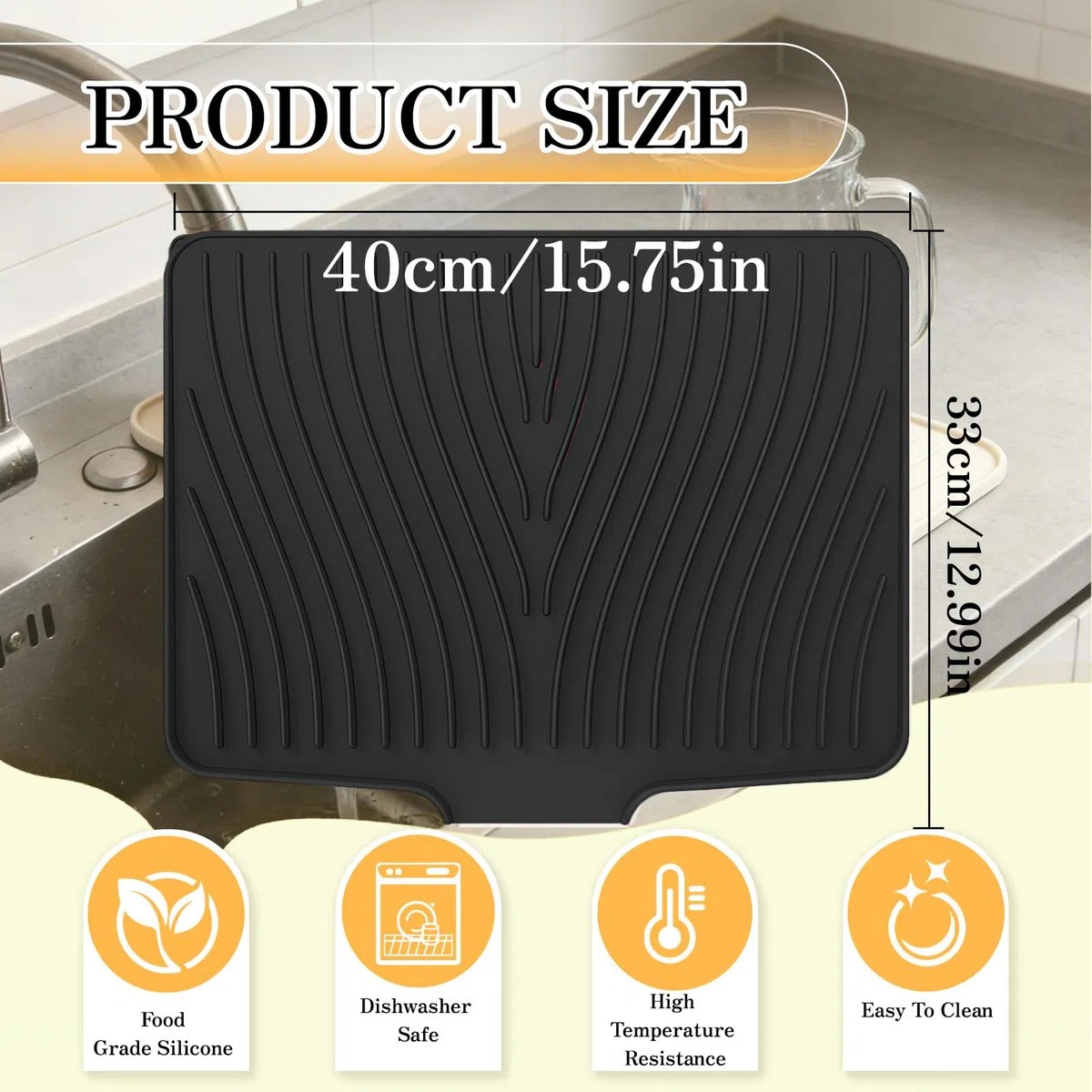 40*33*1.5cm Abtropfmatte aus Silikon, Abtropfmatte Spüle Geschirr, Hitzebeständig und Rutschfest, Geeignet für Küche, Spüle und Bestecklagerung, Spülmatte Abtropfunterlage, Schwarz