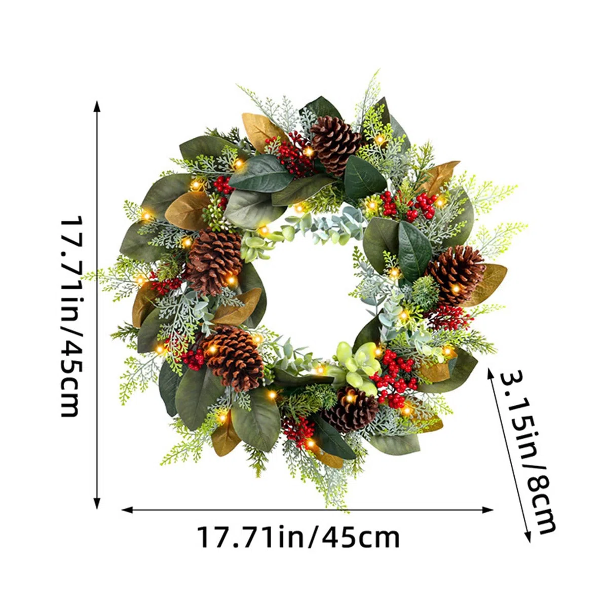 Beleuchteter Weihnachtskranz,Weihnachtstürkranz Beleuchtet | Natürliche Tannenzapfengirlande | Weihnachtskranz mit Tannenzapfen, roten Beeren, beleuchteter Weihnachtskranz für Winterferien, Heimdekora