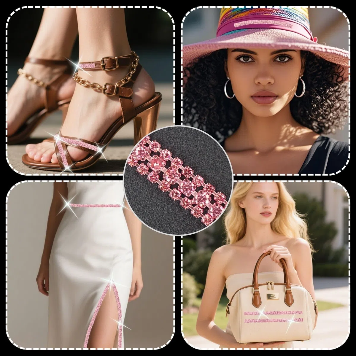 PEARLY JUN 273 Cm Rosa Strassband Zum Aufnähen Rhinestone Chain Strasssteine Glitzerband Strassband Chain Kette Glitzer Annähen Trim DIY für Hochzeitskleid Dekoration Kleidung Kuchen