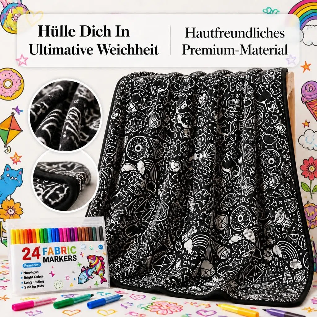 VEELU Kritzel Kuscheldecke zum Ausmalen für Erwachsene, DIY Maldecke zum Bemalen mit Stiften, Wiederverwendbare Coloring Blanket, Decke zum Selbergestalten, Kreative Geschenkidee (Stil 3)
