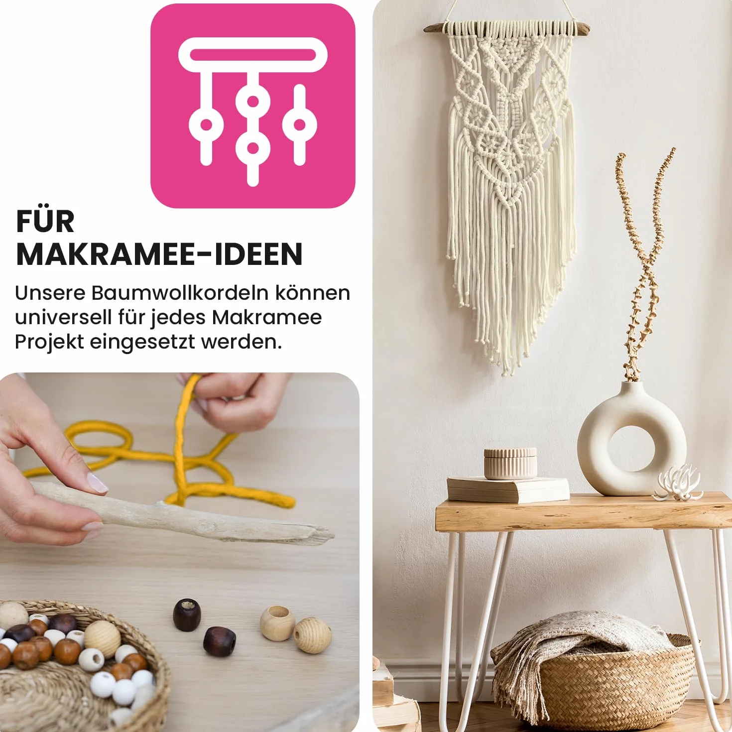 Netuno 1x Makramee Garn Elfenbein 5 mm 100 m Makramee Kordel Baumwolle mit Baumwollkern Baumwollkordel Schnur Bastelgarn farbig für Dekoration Wandbehang Blumenampel Cotton Cord Macrame