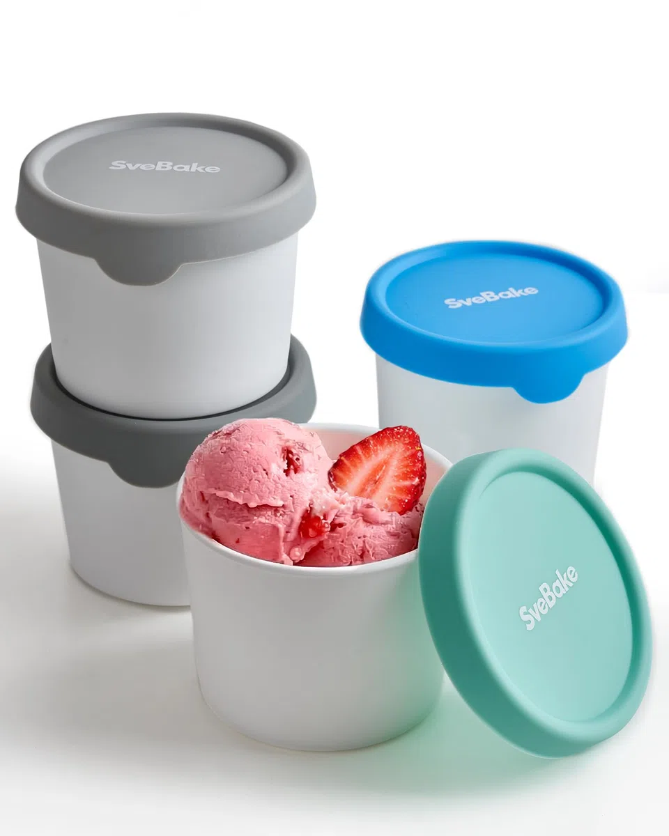SveBake Eisbehälter für Speiseeis 400 ml, 4er-Set mit Silikon-Deckel – Eiswürfelbehälter zum Einfrieren, Hausgemachte Eiscreme Behälter, BPA-frei