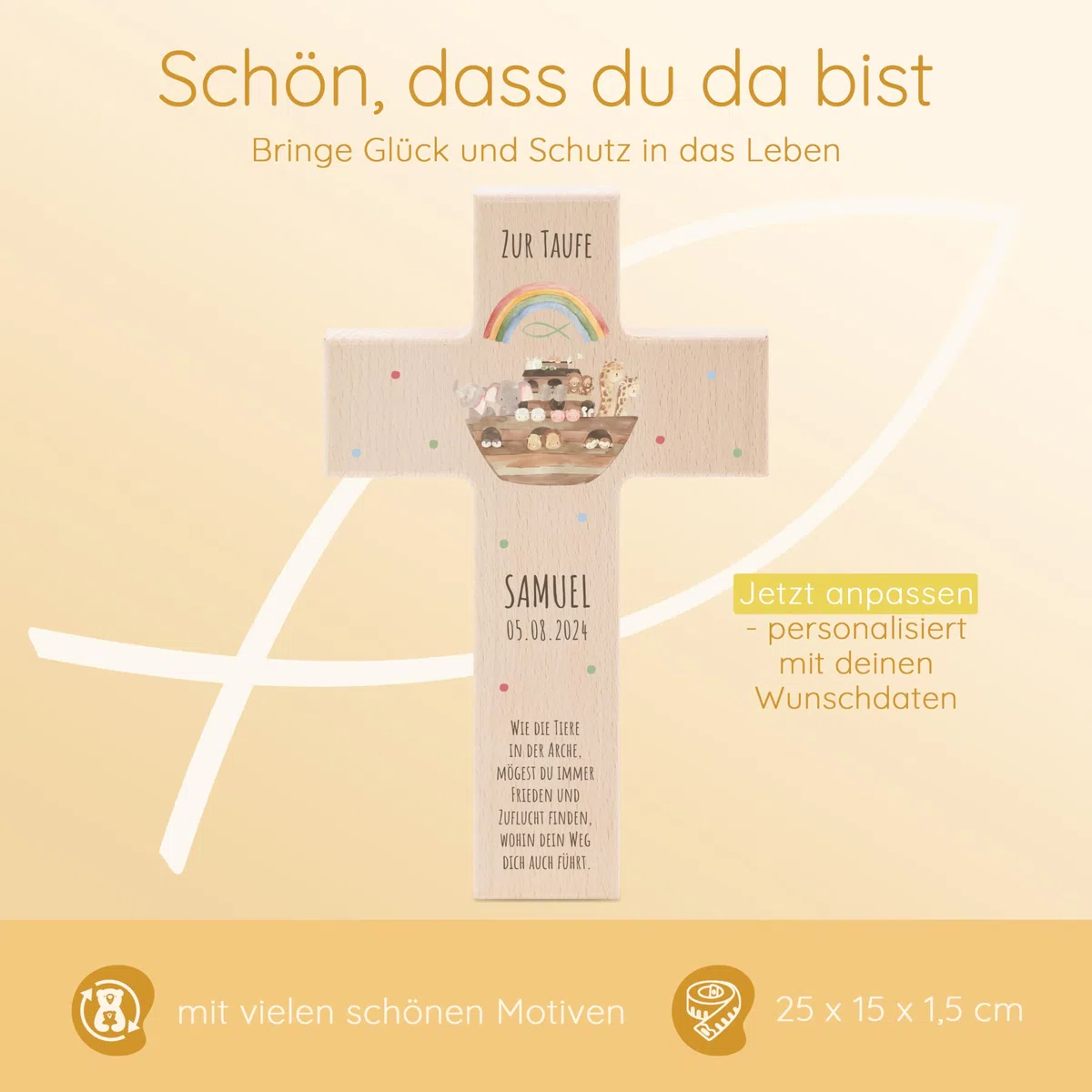 Bärenfreunde - Personalisiertes Taufkreuz mit hochwertigem Spezial-Druck aus massivem Buchenholz - Taufe Geschenk - Holzkreuz Taufe (Arche Noah Tiere)